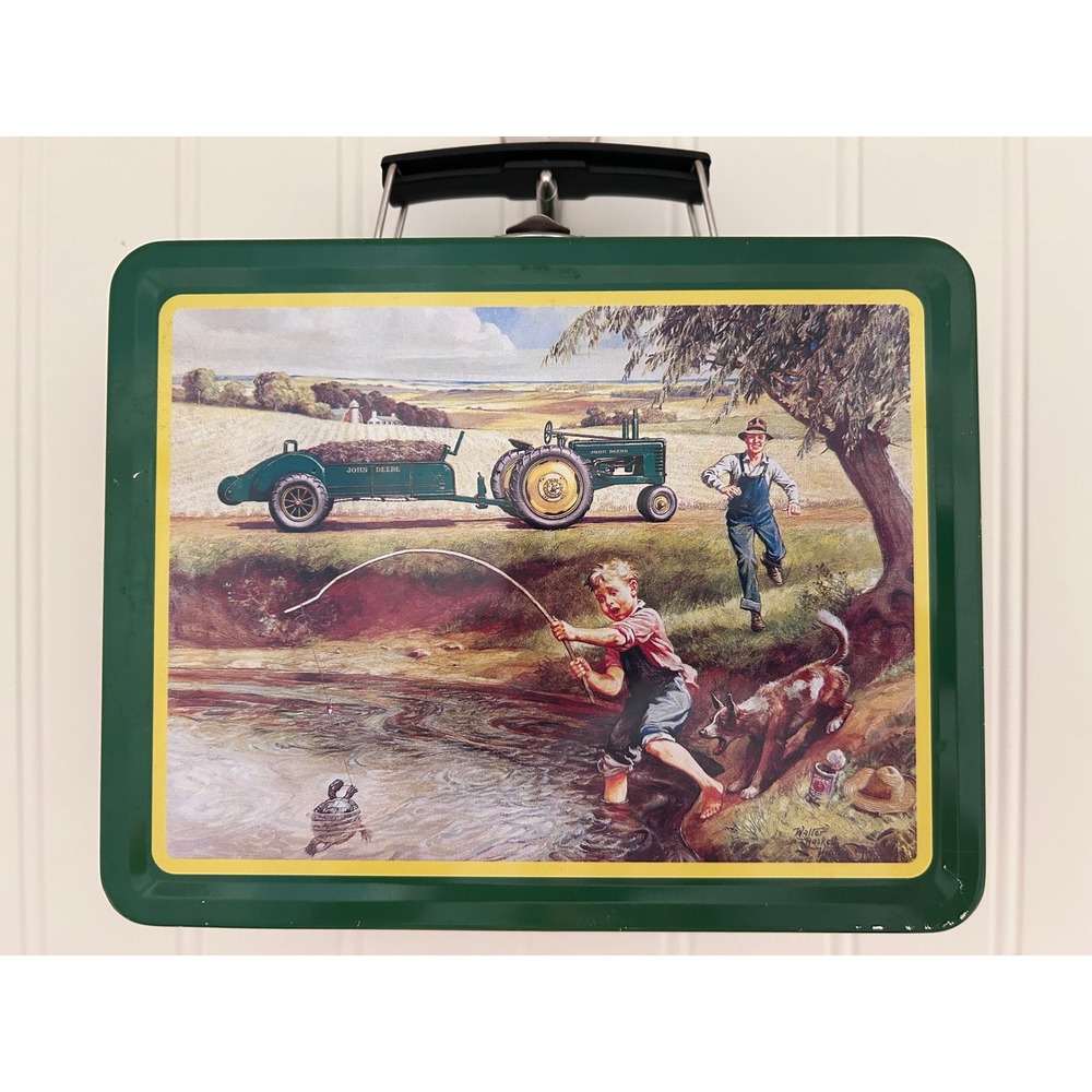 VTG John Deere Metal Lunch Box Kids OS Green Good Vintage Farm Fishing Scene Tin